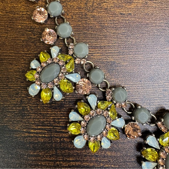 Crystal Bib Necklace Gold Grey Yellow and Opalite Statement Bold Chunky 21 Inch - Picture 6 of 10